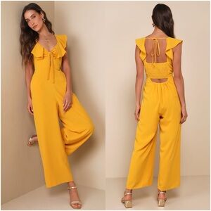 LULU’S Flawless Life Marigold Ruffled Cutout Cropped Jumpsuit
